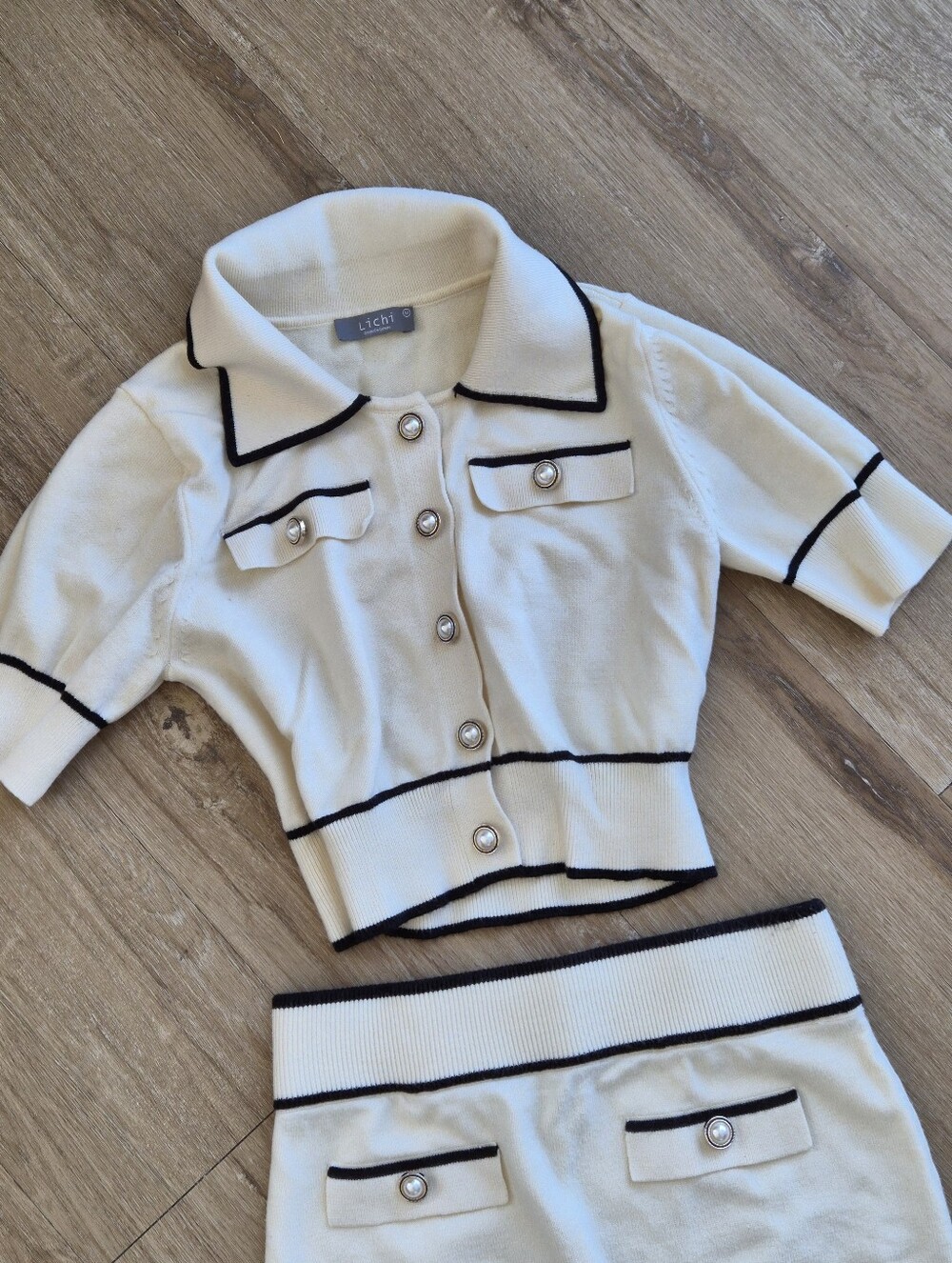 Lichi Cream Knit Two-Piece Set with Black Trim & Pearl Buttons